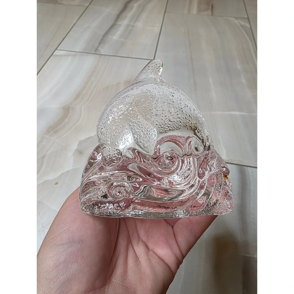 Clear Art Glass Dolphin Wave Votive Candle Holder Nautical Figurine 4.5‎ inch E1